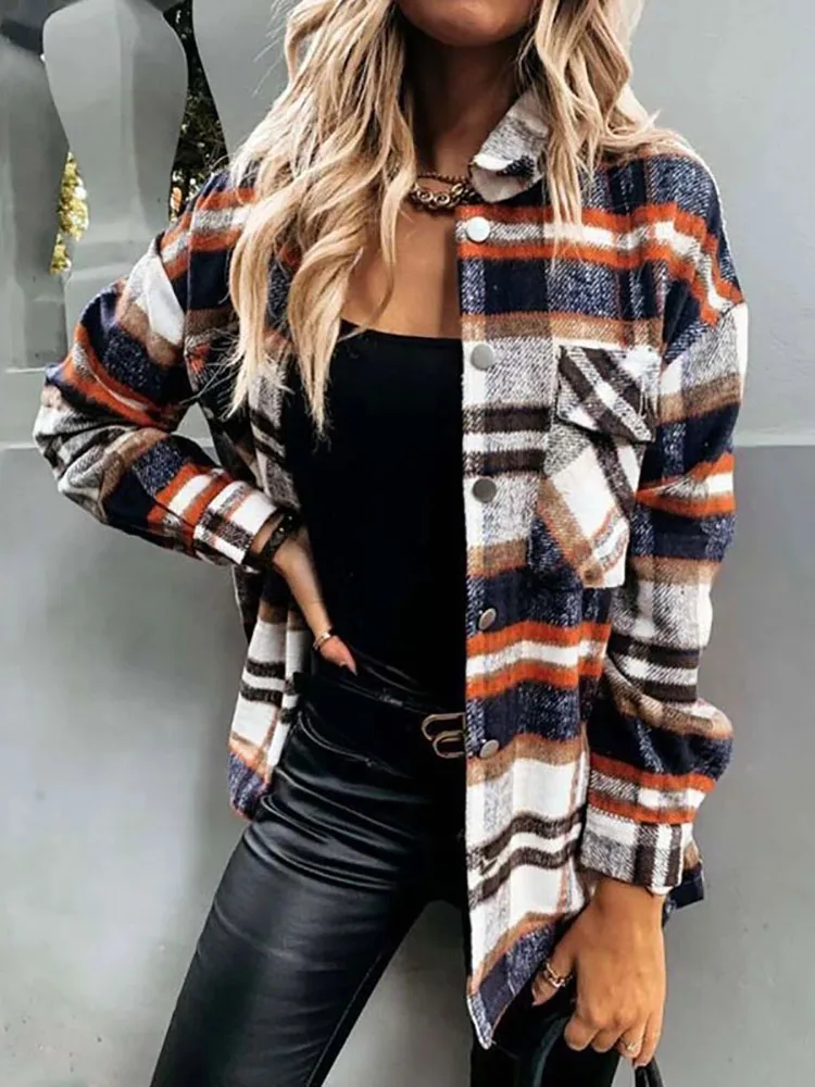

Осенне-зимние женские рубашки Vintag, клетчатые свободные блузки с длинным рукавом и карманами, Элегантные повседневные клетчатые куртки, пал...