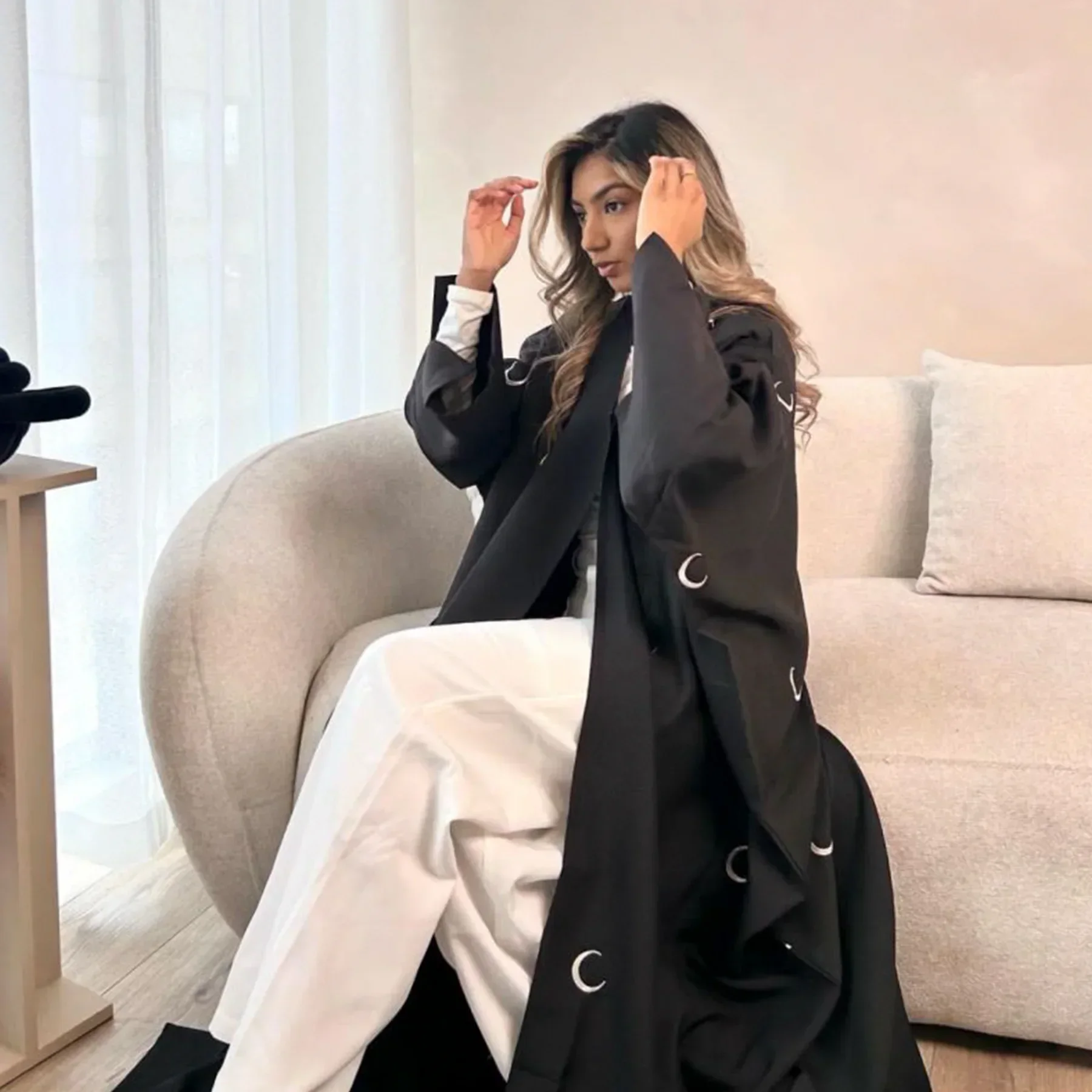 Абая льняное кимоно женский кардиган с вышивкой Луны мусульманское платье