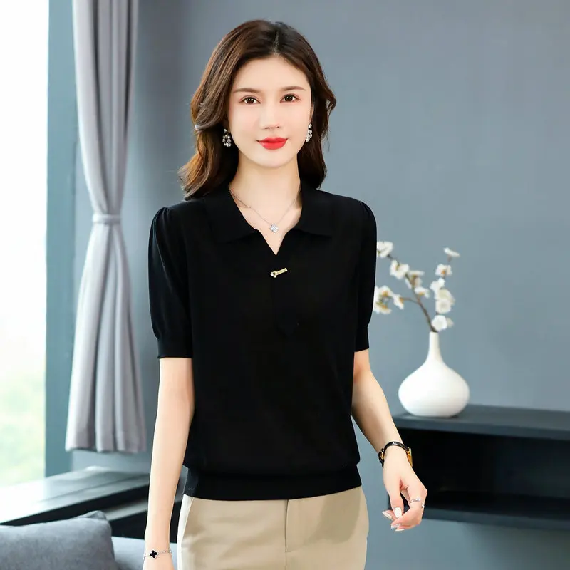 

Women Chic Knit Top With V-Neck Collared and Tie Detail Design Yellow Pink Black White Short Sleeve Top Knitwear 2023 Summer