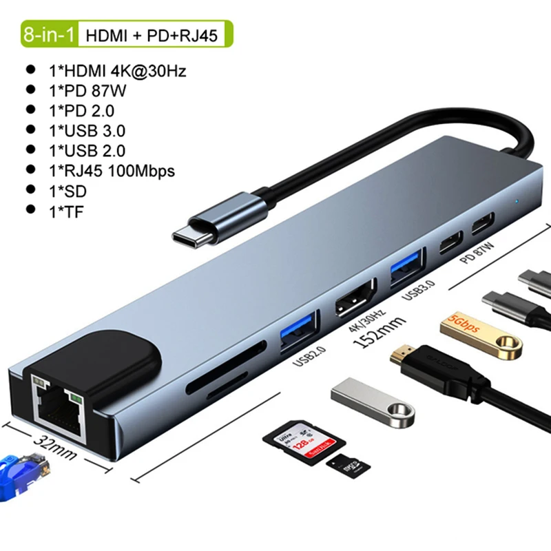 

USB-разветвитель 8-в-1, 8 портов, USB 3,0, HDMI