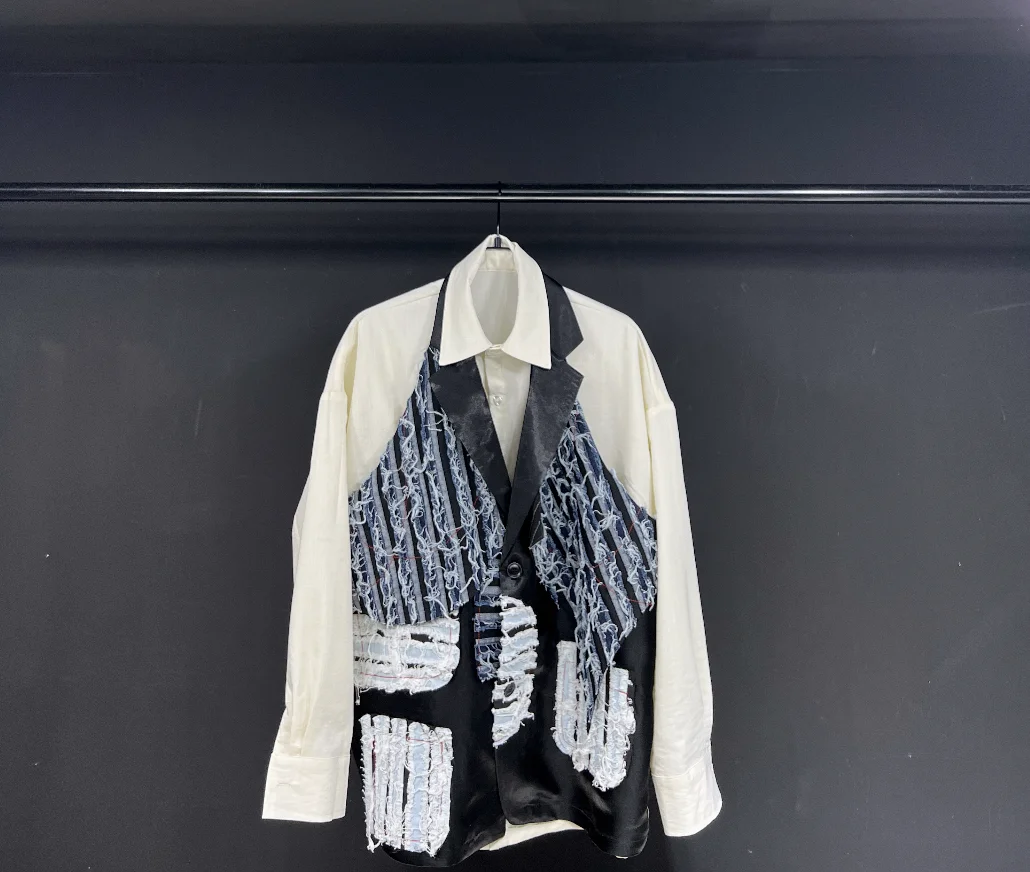 

SuperAen, оригинальный дизайн, осенне-зимняя рубашка, стиль, имитация, 2 предмета, топ, пальто для женщин, Повседневная джинсовая рубашка в стиле пэчворк