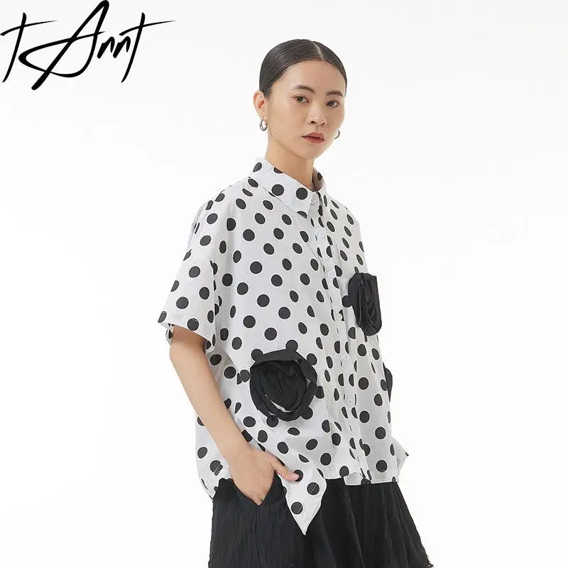 Женская рубашка с цветочным принтом свободная блузка в горошек черного и белого