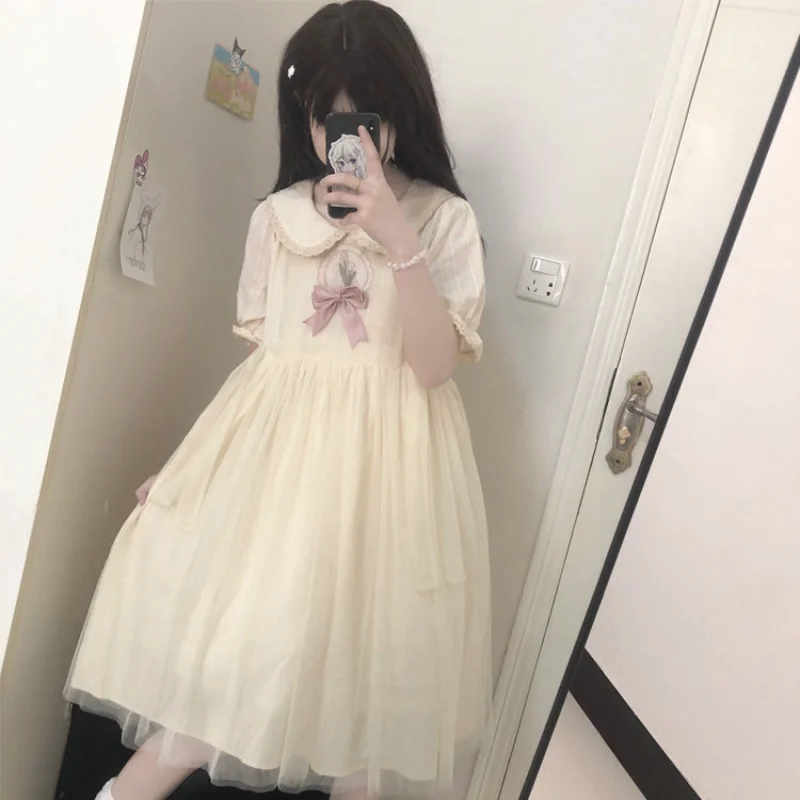 

Deeptown Kawaii Cute Baby Doll Lolita Dress Women Japanese Style Sweet Mesh One Piece Short Sleeve Tunic Mini Princess Dresses
