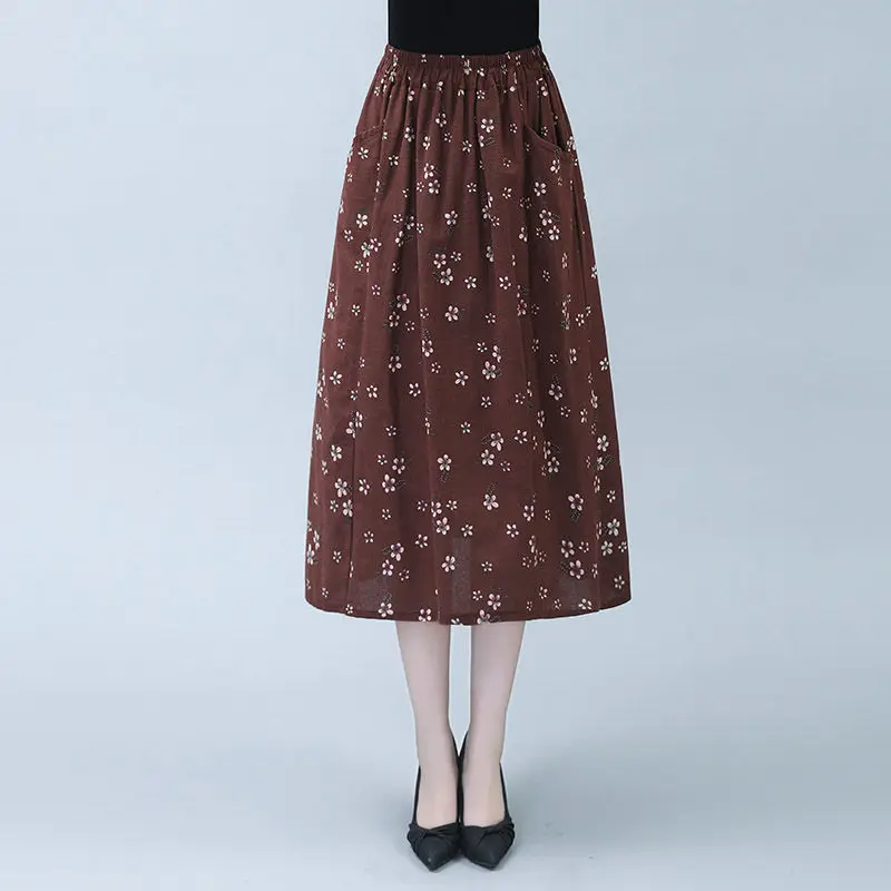 

Женская юбка средней длины, элегантная трапециевидная эластичная юбка средней длины с высокой талией и цветочным принтом в стиле ретро, весна-лето