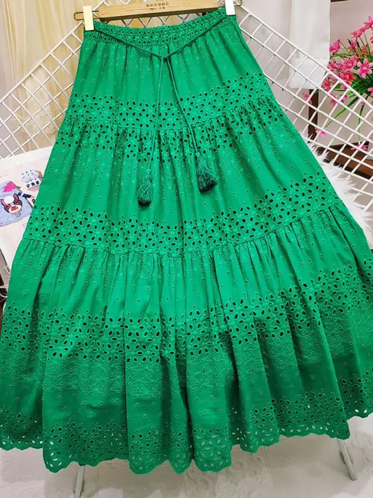 

New Summer Long Skirts for Women Elegant Casual Retro Hollow Skirt Solid White Dress Skirt Korean Fashion Clothing Streetwear