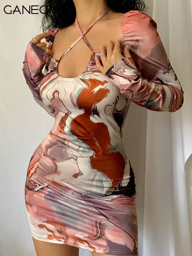 

Printed Halter Long Sleeve Bodycon Mini Dress for Women 2022 Summer Party Sexy Vacation Outfits Woman Fashion Floral Dresses