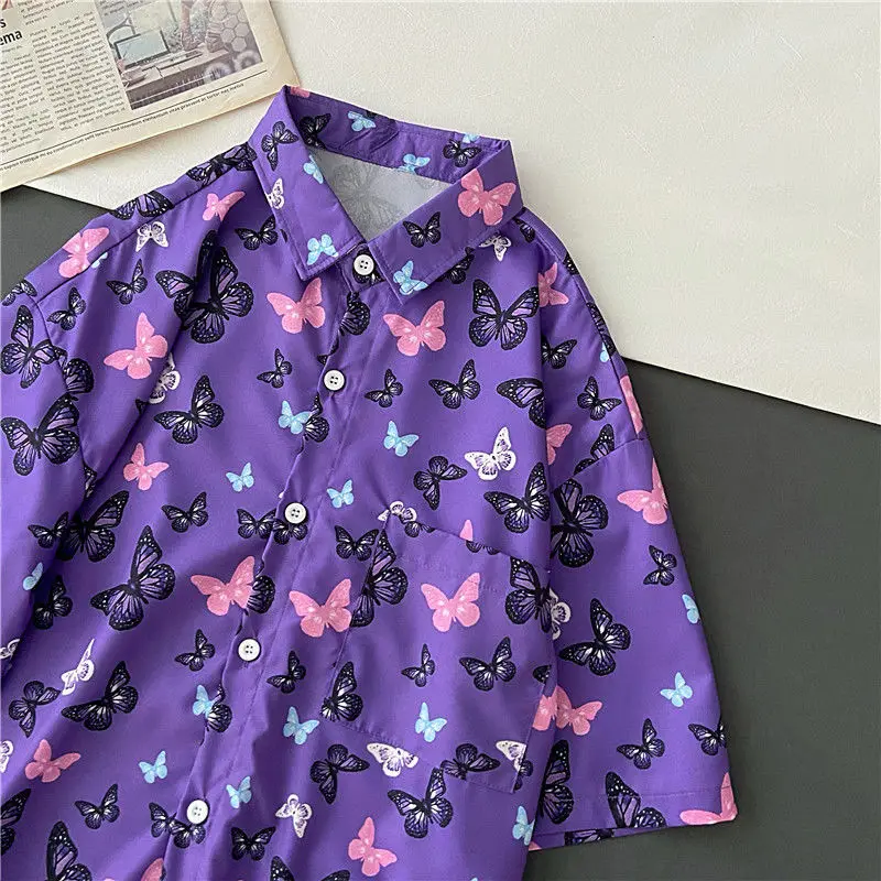 

Рубашки с графическим принтом бабочки для мужчин и женщин, блузка на пуговицах, Y2k, топы, одежда, гавайская одежда, кардиган, кавайная корейск...