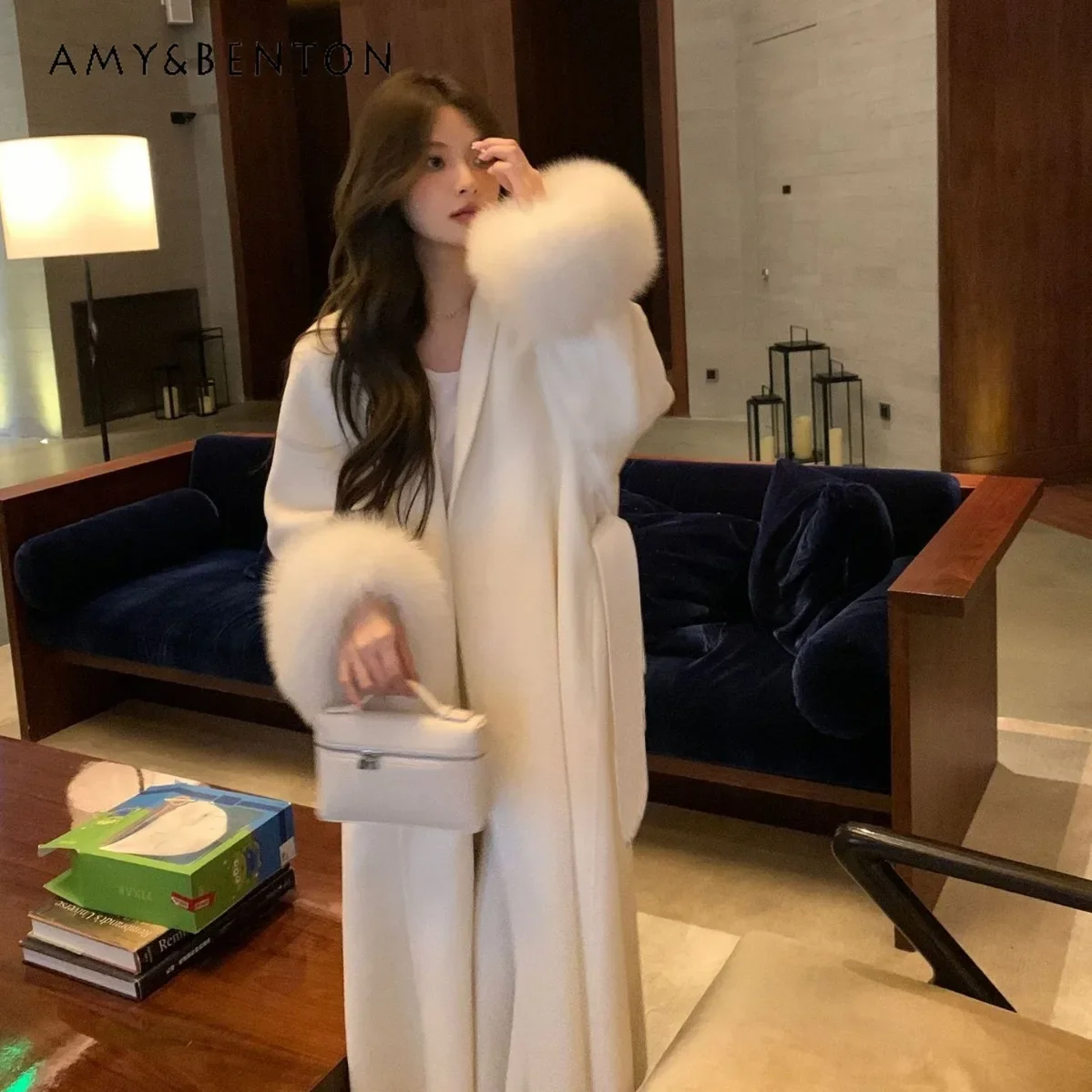 Осень-зима 2024 новое двустороннее кашемировое шерстяное пальто с v-образным