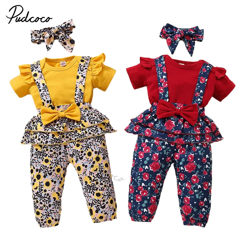 

Pudcoco 3Pcs 0-18M Fashionable Baby Girls Outfit Round Collar Short Sleeve Romper+Floral Printing Suspender Trouser+Bow Headwear