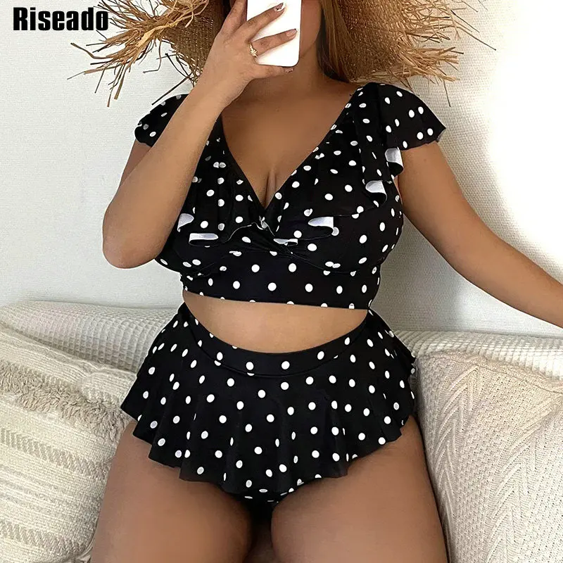 

Riseado High Waist Plus Size Bikini Set Ruffle Hem Swimsuits Dot Print Swimwear Women 2022 V Neck Bathing Suit Beachwear XXXXL