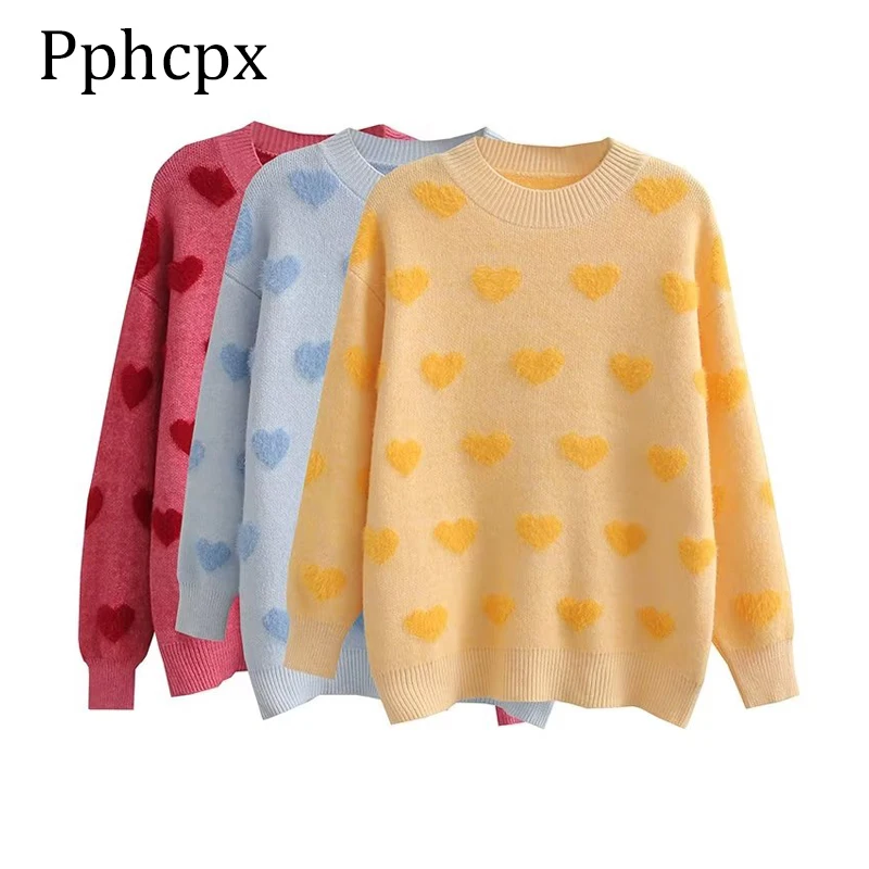 

Pphcpx 2022 Heart-shaped Women Pullover Sweater O-Neck Long Sleeve Loose Knit Sweaters Female Winter Jumper Ladies Warm Pullover