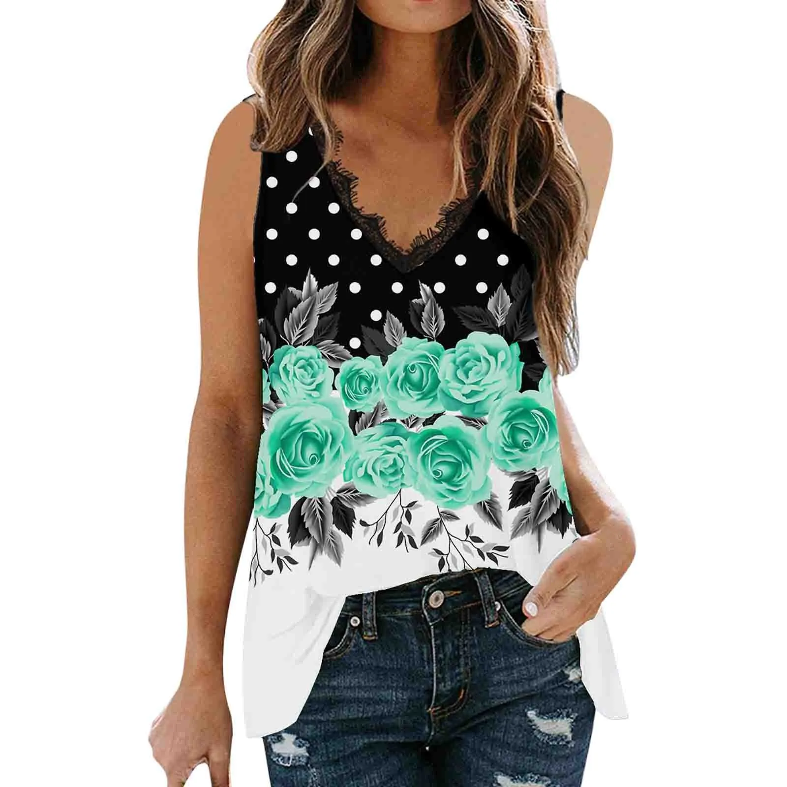 

Майка женская кружевная без рукавов, повседневный Свободный Топ с V-образным вырезом и принтом, на лето