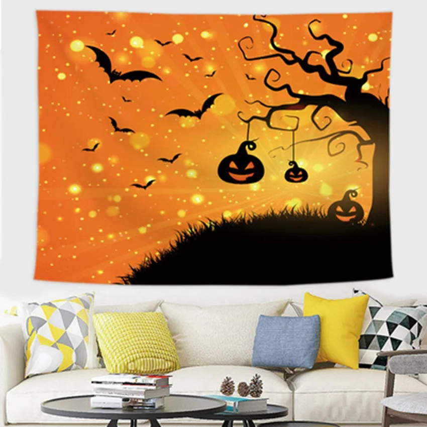 Halloween Pumpkin Tapestry Tree Branches Spooky Terror Witch Broom Moon Pattern Tapestrie Bedroom Living Room Decor Wall Hanging images - 6