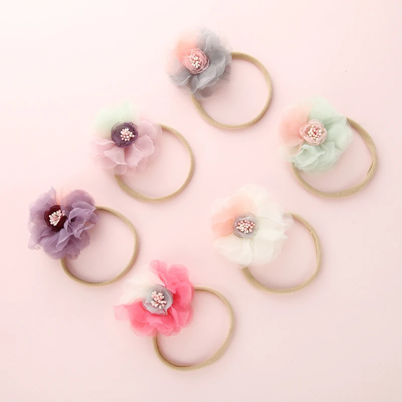 

Цветная повязка для волос с цветами для девочек, нейлоновая эластичная Детская повязка на голову, милый головной убор принцессы, аксессуары...