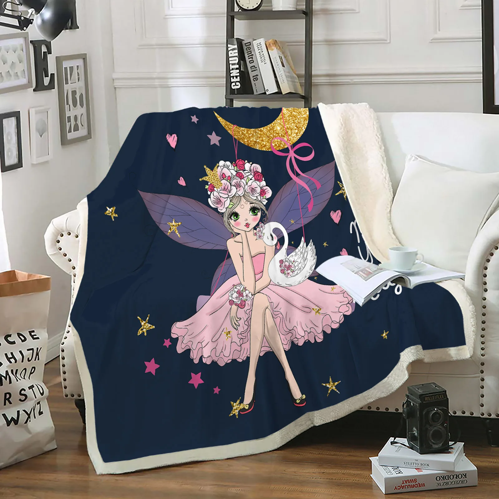 

Cute Girls Throw Blanket Cartoon Sherpa Blanket Cute Blanket Soft Black European Style Blanket for Sofa Office