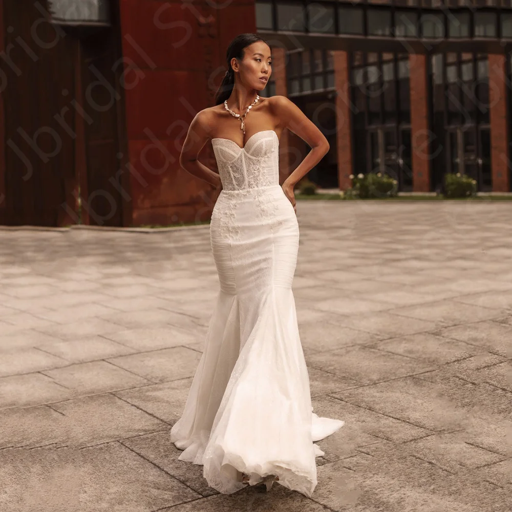 

Elegant On Sale Lace Wedding Dresses Mermaid Bride Dresses Sweetheart Removable Sleeves Bridal Gowns Corset Back Court Train
