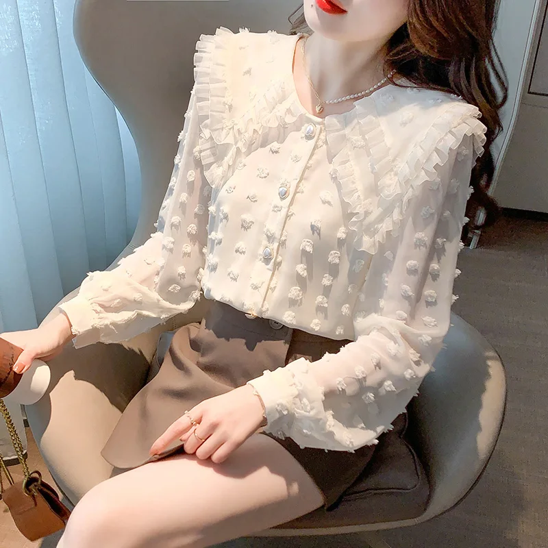 

Шифоновые Повседневные рубашки с воротником «Питер Пэн», свободные осенние женские топы в Корейском стиле, женские блузки с длинным рукаво...