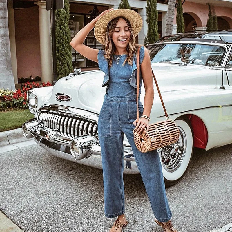 Women Sexy Overalls Ruffle Sleeveless Backless Lace Up Jumpsuits Blue Denim Zipper Wide Leg Long Pants Vintage Jumpsuits 2023
