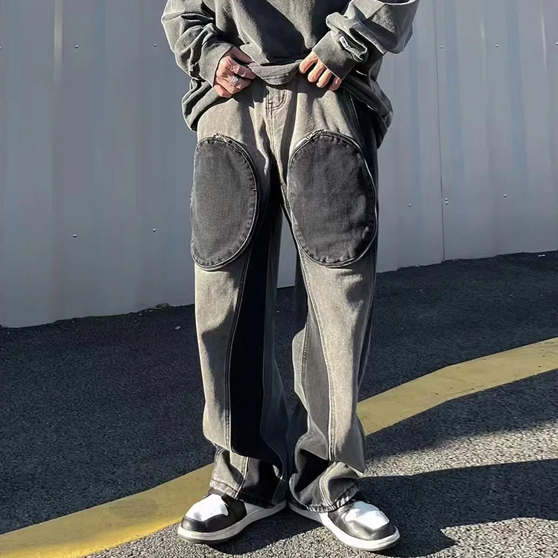 

Retro Front Two Zipper Pockets Patchwork Casual Jeans Pants for Male and Female Straight Hip Hop Baggy Denim Trousers Oversize