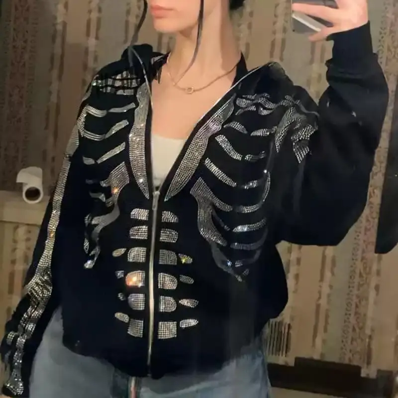 

Women Spring Autumn Coat Loose Street Outwear Rhinestones Skeleton Print Long Sleeve Hooded Tops with Zipper S/M/L/XL