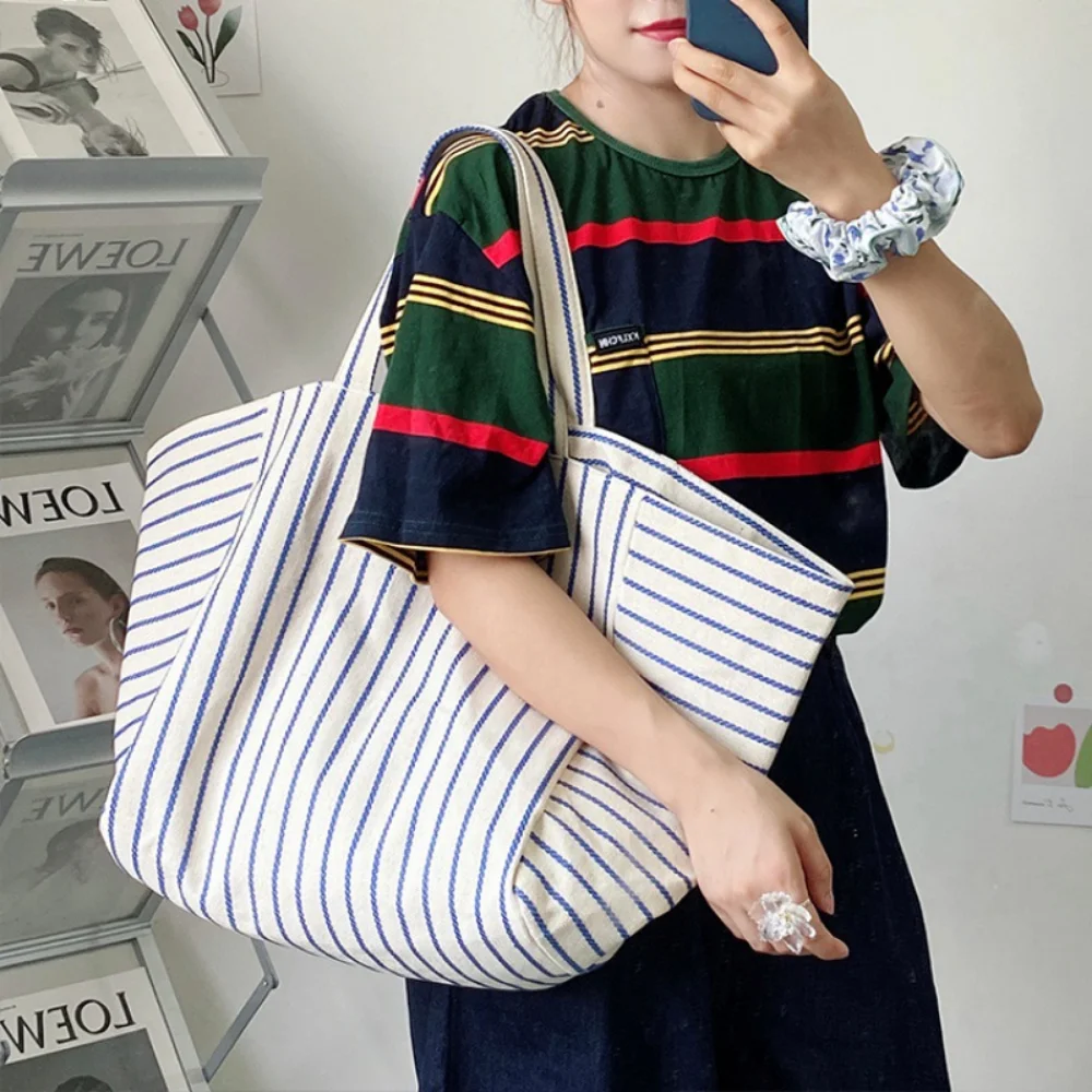 Stripe Canvas Tote Bags Women Luxury Designer Fashion Simple Handbags Female Vintage Versatile Large Capacity Shopping Bags