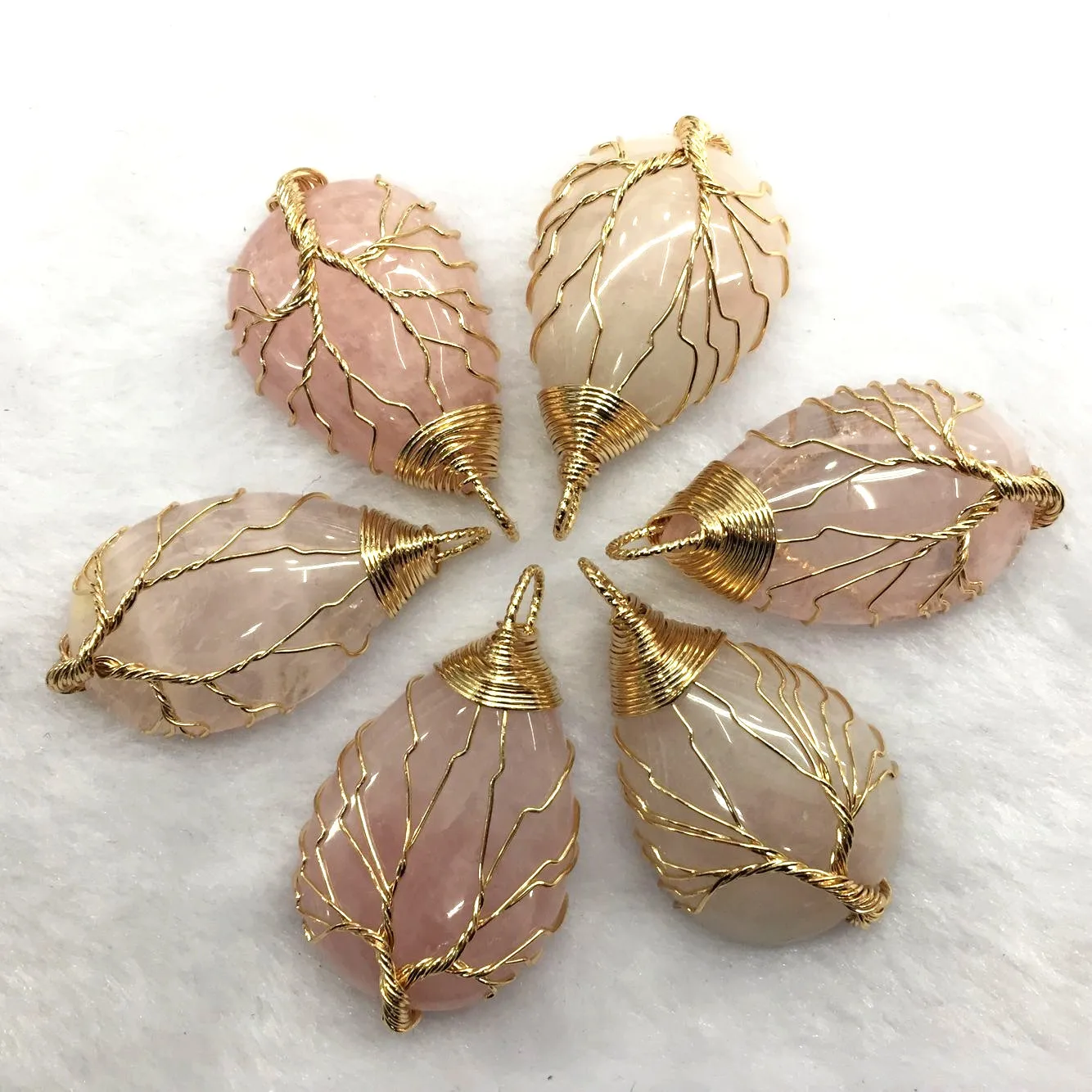 

Teardrop Pink Quartz Crystal Gold Color Wire Wrap Handmade Tree of Life Drop Shape Natural Pendants