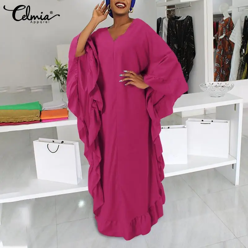 

Модное женское Платье макси с V-образным вырезом Celmia 2022 стильное платье с рукавом летучая мышь с оборками складками мешковатое вечернее пла...