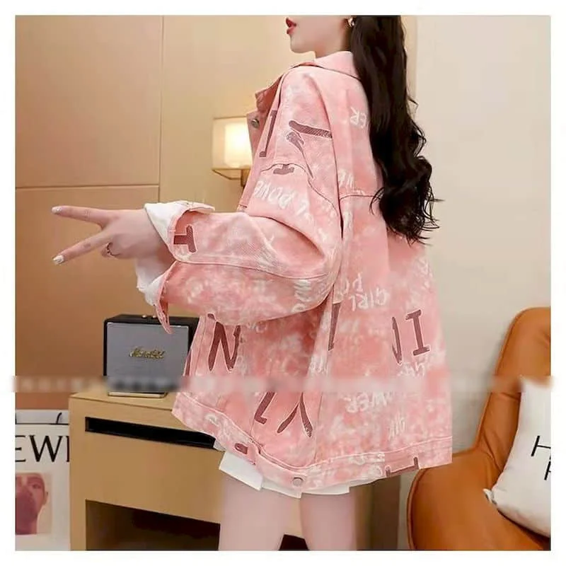 Женская джинсовая рубашка с принтом винтажный кардиган оверсайз длинным рукавом