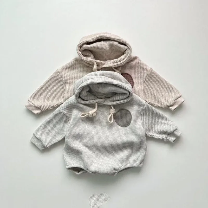 

Newborn Baby Autumn New Fashion Patch Hooded Bodysuit Infant Girls Simple Solid Waffle Long Sleeves Jumpsuit One Piece