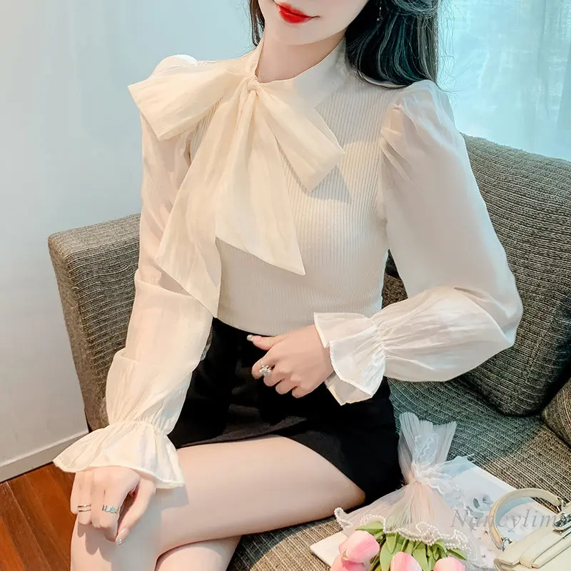 

2022 Autumn Winter Women's Sweater Bow Turtleneck Long Sleeve Knitted Bottoming Shirt New Slim-Fit Patchwork Top Pull Femme