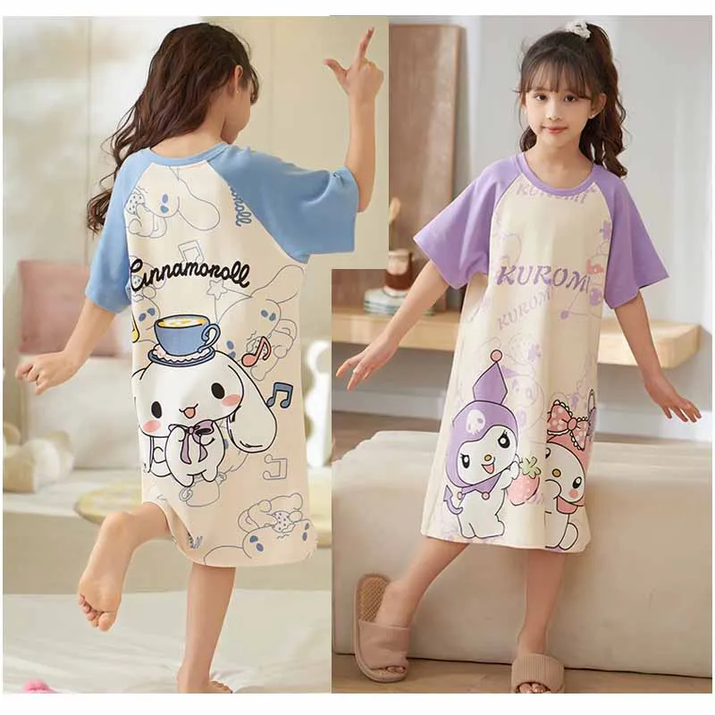 

Sanrioed Cinnamoroll My Melody Kuromi HelloKittys аниме мультфильм для девочек хлопковая ночная рубашка Детская домашняя одежда пижама юбка