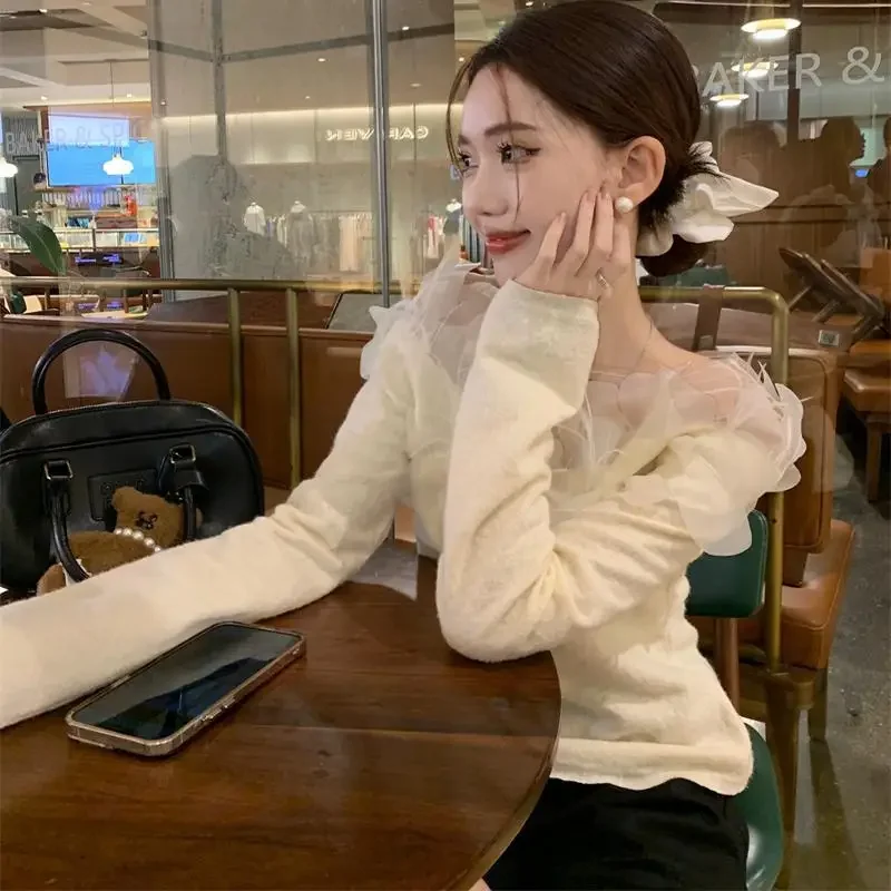 Элегантный вязаный топ во французском стиле для женщин ранняя осень белый