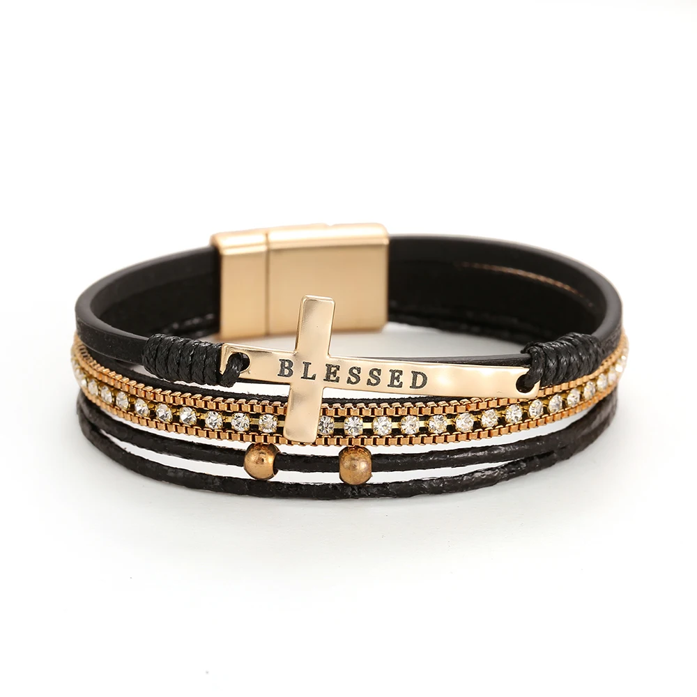 

Bohemian Faux Leather Wrap Multi Layer Statement Bracelet - Cross Christian Religious Leatherette Cuff Crystal Rhinestone