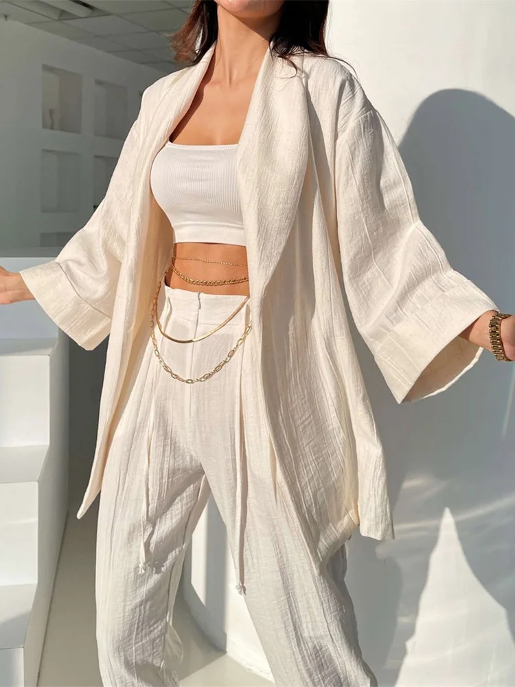 

Women Casual Tracksuit Trouser Set Summer Lapel Long Sleeve Cardigan Tops+Long Solid Breathable Pants Street Beach Two Piece Set