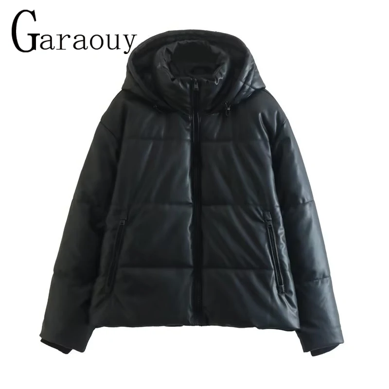 Garaouy 2022 New Winter Women's Jackets Faux Leather Coat Hooded Zipper Parka PU Loose Black Warm Outwear Manteau  Femme Clothes