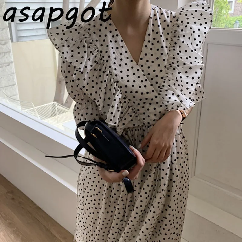 Женское винтажное платье в горошек Белое Облегающее Платье Корейском стиле с