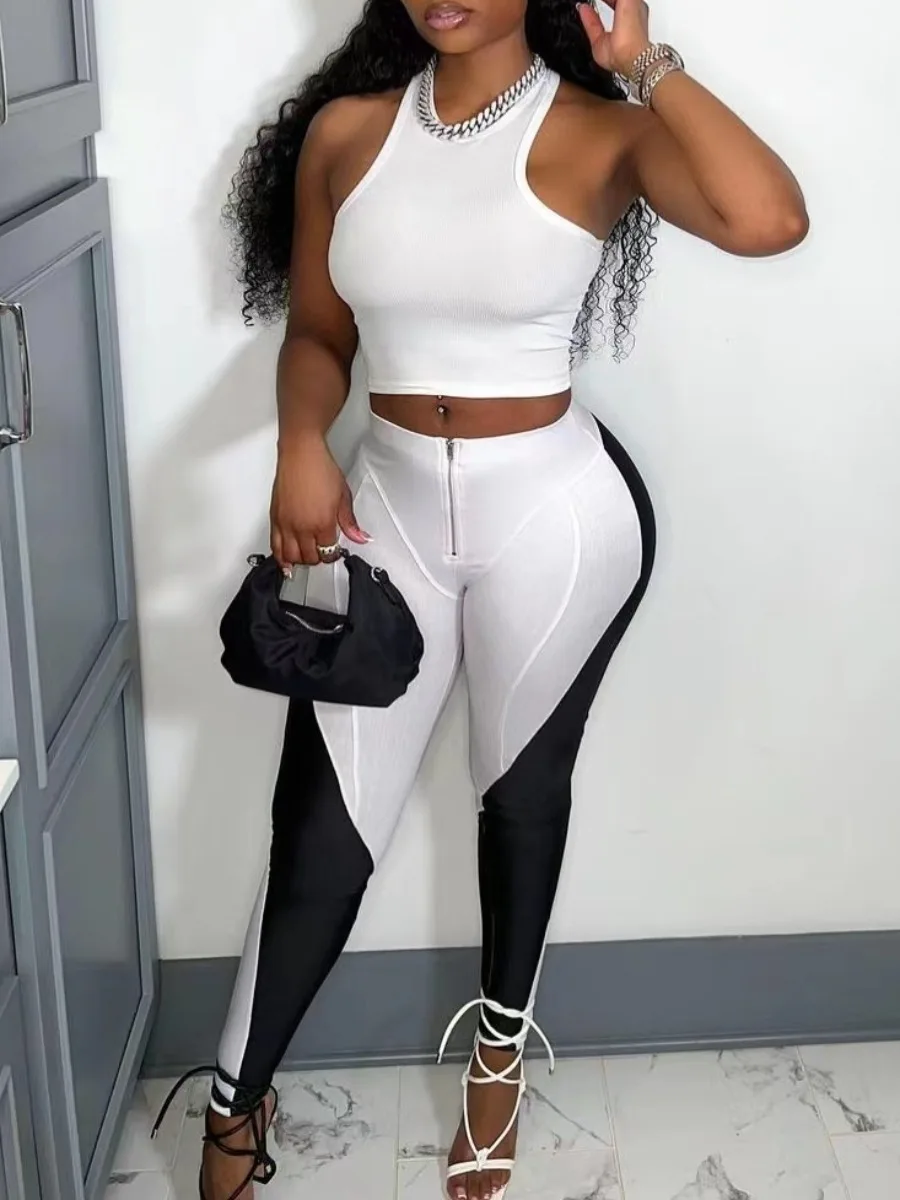 

LW Crop Top Skinny High Stretchy Pants Set Summer Casual 2 Two Piece Sets Women Sleeveless Crop Top Skinny Pants Matching Sets
