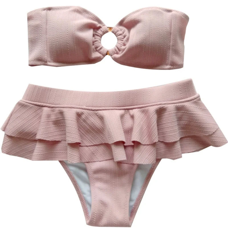 

Womens Sexy 2 Pieces Set Strapless Off the Shoulder O-Ring Ruched Swimsuit High Waisted Ruffled Patchwork Solid Color