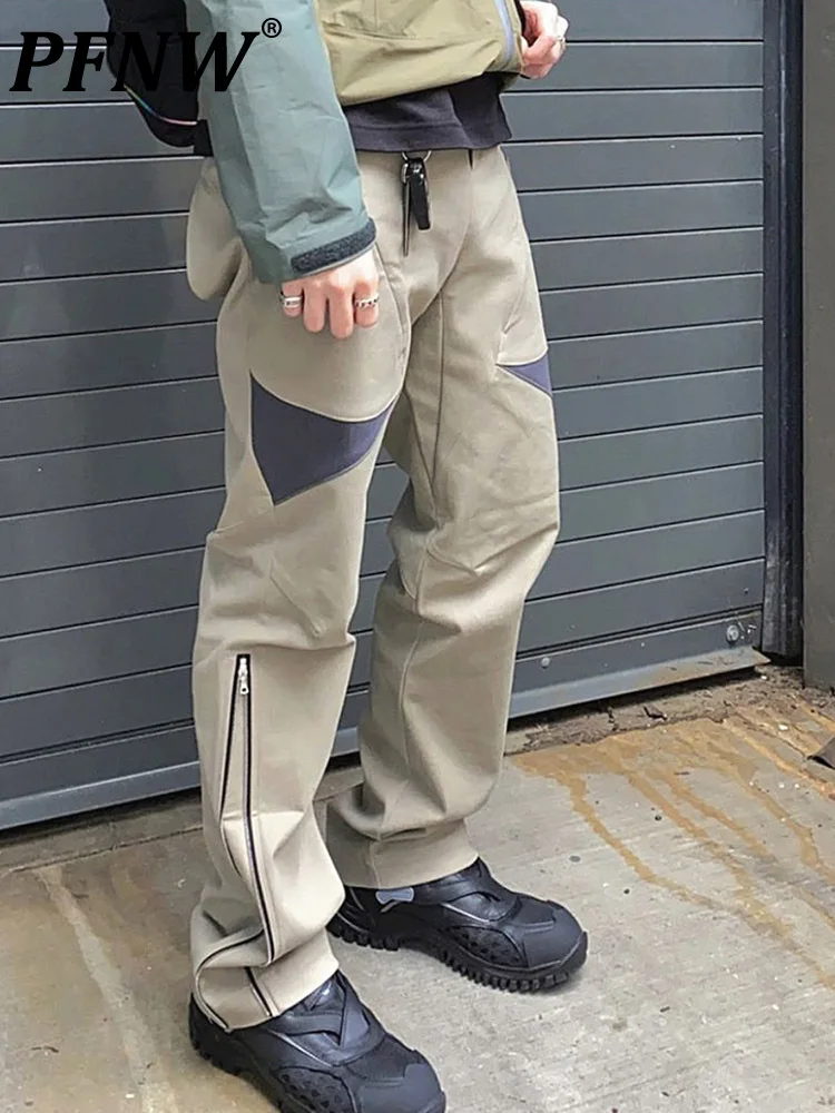 

PFNW Men's And Women's New Tide Chic Spliced Color Contrast Safari Style Workwear Cargo Pants Zipper Leg Casual Trousers 12A5617