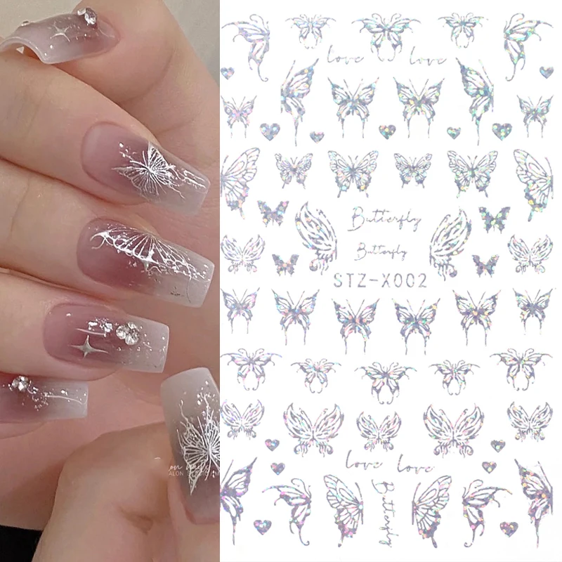 

Laser Sliver Butterfly Nail Stickers Hollow Snake Dragon Stars 3D Decal Manicure Holographic Bronzing Slider Nail Art Decoration