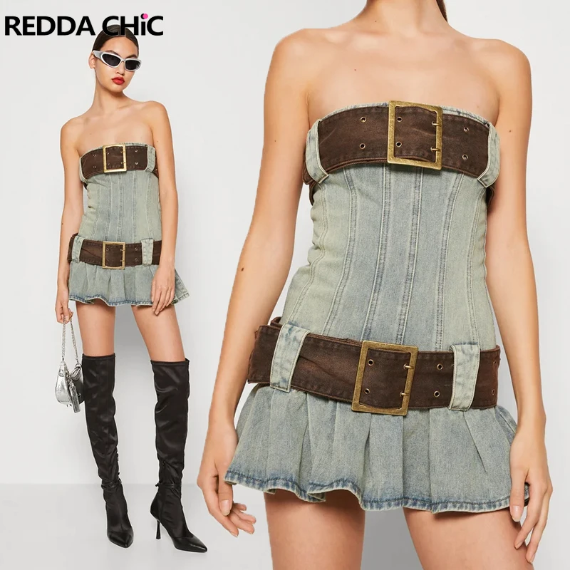 

REDDACHiC Corset Mini Denim Dress Off Shoulder Short Jean Pleated Belt Body-hugging Strapless One-Piece Dress Y2k Acubi Fashion