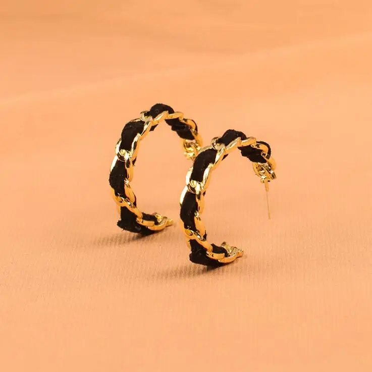 2022 черные кожаные серьги-гвоздики модные золотые серьги-кольца ювелирные