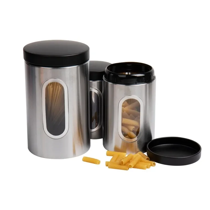 

Luxury Silver 1, 1.5, 2 Qt Canister Set with Stylish Black Lid & Window