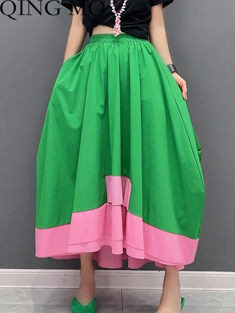 

QING MO 2023 Summer New Korean Color Matching Casual Loose Green Skirt Women Slim Fashion Large Size Skirt ZXF3284