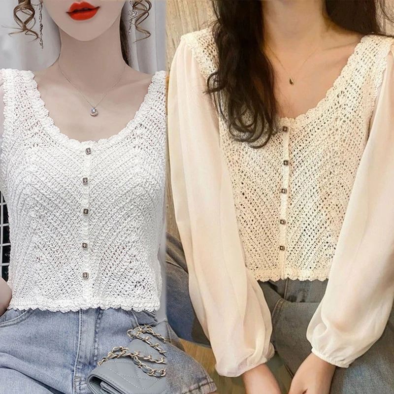 2023 Новый женский французский шифоновый укороченный кардиган с длинными рукавами