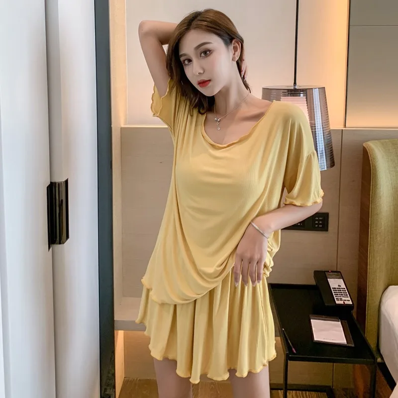 

2PCS Ruffles Women's Pajamas Sets Casual O-Neck Shirts&Shorts Pyjamas Suit Summer Loose Sleepwear Nightwear M-XXL Home Clothing