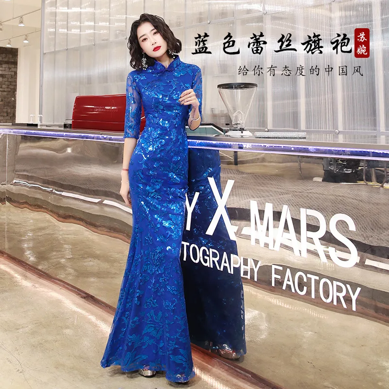 Женское кружевное платье-Ципао в китайском стиле длинное облегающее элегантное