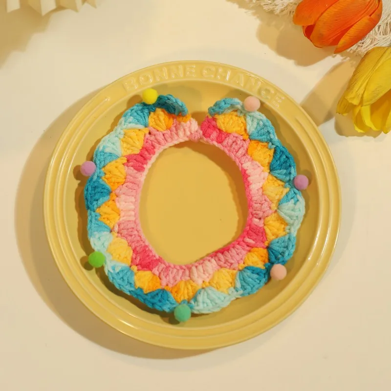 

Pet DIY Wool Woven Collar Rainbow Hair Ball Pet Dog Cat Collar Handmade Dog Bandana Knitted Kitten Collar Pet Decorative