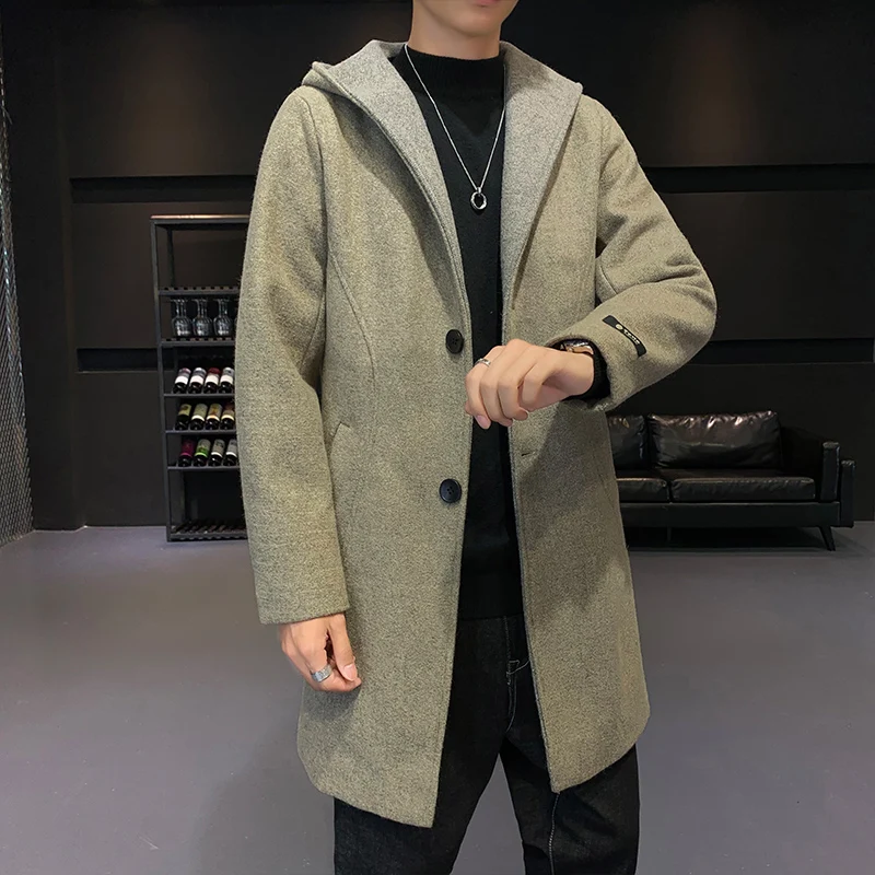 

High Quality Autumn and Winter Men's Long Hat Solid Color Woolen Coat Slim Fit Casual Warm Button Men's Coat