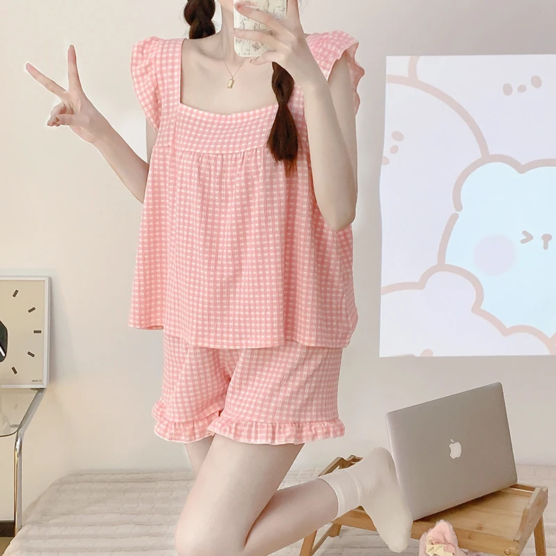 CAIYIER Summer Square Collar Grid Girls Nightwear Sleeveless Top and Shorts Sweet Sleepwear For Women Korean Kawaii Homewear